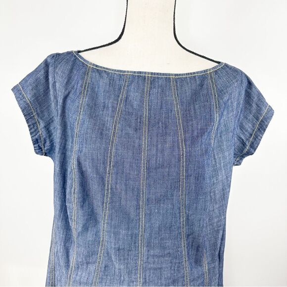 ZAPPELLE CUSTOM Medium Wash Denim Blue Cap Sleeved Pleated Trapeze Dress Sz XL - Picture 4 of 14